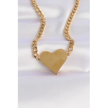 HEYF 316L Çelik Zincir Altın Renk Düz Plaka Kalp Kolye
