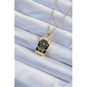 HEYF 316L Çelik Zincir Altın Renk İşlemeli Siyah Mineli Tarot Kolye