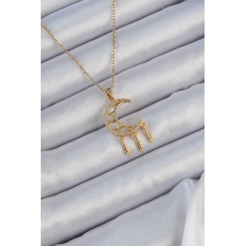 HEYF 316L Çelik Zincir Altın Renk İşlemeli Zirkon Taşlı Ay Kolye