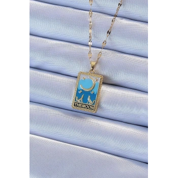 HEYF 316L Çelik Zincir Altın Renk Mavi Mineli Ay Figür Tarot Kolye