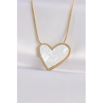 HEYF 316L Çelik Zincir Altın Renk Mermer Desenli Kalp Kolye