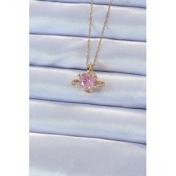 HEYF 316L Çelik Zincir Altın Renk Pembe Zirkon Taşlı Satürn Görünümlü Kalp Kolye
