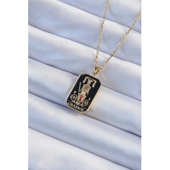 HEYF 316L Çelik Zincir Altın Renk Siyah Mineli Tarot Kolye