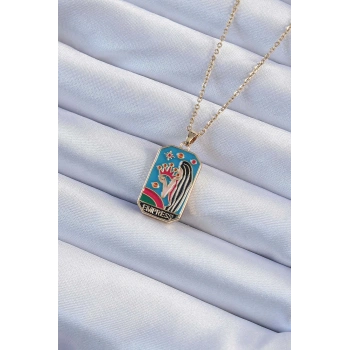 HEYF 316L Çelik Zincir Altın Renk Taç ve Kız Figürlü Renkli Mineli Tarot Kolye