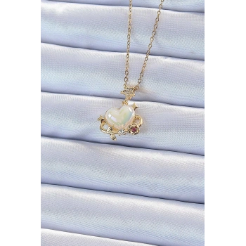 HEYF 316L Çelik Zincir Altın Renk Zirkon Taşlı Gezegen Görünümlü Kalp Kolye