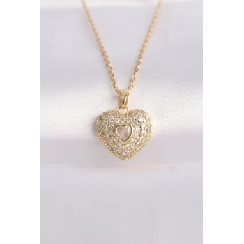 HEYF 316L Çelik Zincir Altın Renk Zirkon Taşlı Kalp Kolye