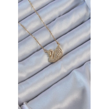 HEYF 316L Çelik Zincir Altın Renk Zirkon Taşlı Kuğu Kolye
