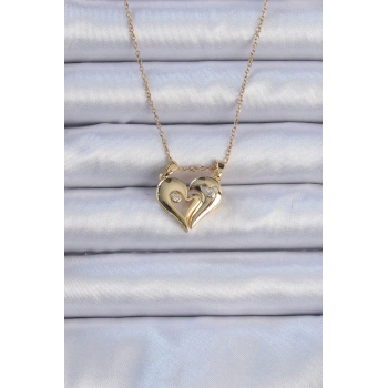 HEYF 316L Çelik Zincir Altın Renk Zirkon Taşlı Mıknatıslı Kalp Kolye