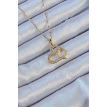 HEYF 316L Çelik Zincir Altın Renk Zirkon Taşlı Yüzüklü Kalp Kolye