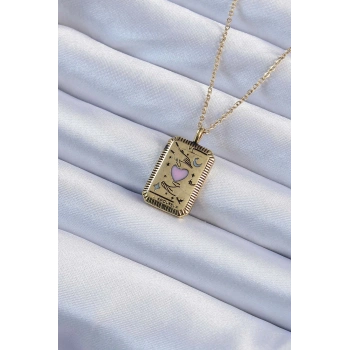 HEYF 316L Çelik Zincir Eskitme Altın Renk Pembe Mineli Kalp Figürlü Tarot Kolye