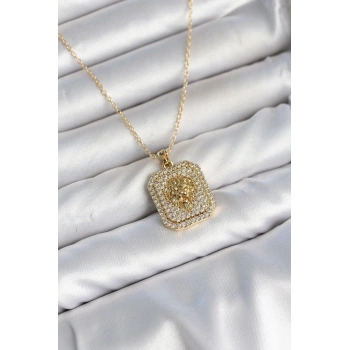 HEYF 316L Çelik Zincir Gold Aslan Madalyon Model Zirkon Taşlı Kadın Kolye