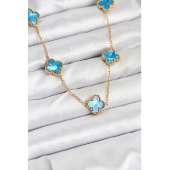 HEYF 316L Çelik Zincir Gold Buz Mavisi Renk Yonca Kolye
