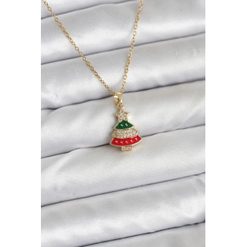 HEYF 316L Çelik Zincir Gold Ren Çam Ağacı Model Zirkon Taşlı Yılbaşı Temalı Kadın Kolye