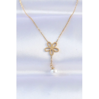 HEYF 316L Çelik Zincir Gold Renk İnci Detay Çiçek Kolye