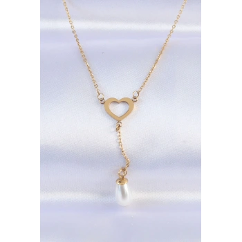 HEYF 316L Çelik Zincir Gold Renk İnci Taş Detay Kalp Kolye