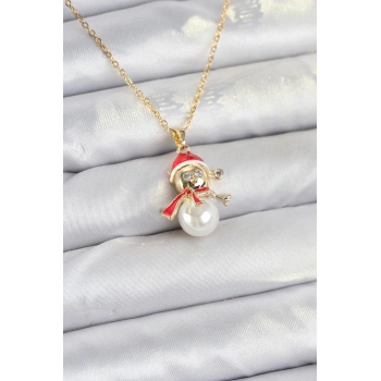 HEYF 316L Çelik Zincir Gold Renk Kardan Adam Model Yılbaşı Temalı Kadın Kolye