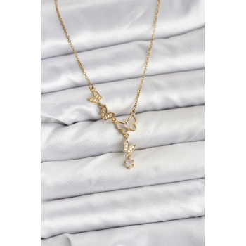 HEYF 316L Çelik Zincir Gold Renk Kelebek Model Kadın Kolye