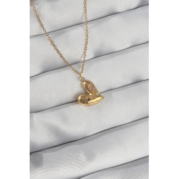 HEYF 316L Çelik Zincir Gold Renk Renkli Zirkon Taşlı Kalp Kolye