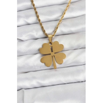 HEYF 316L Çelik Zincir Gold Renk Yonca Model 60 cm Kadın Kolye