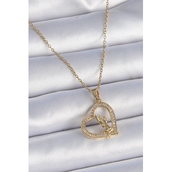 HEYF 316L Çelik Zincir Gold Renk Zirkon Taşlı Kalp Model Melek Detay Kadın Kolye