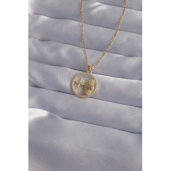 HEYF 316L Çelik Zincir Gold Renk Zirkon Taşlı Yıldız Figürlü Oval Kolye