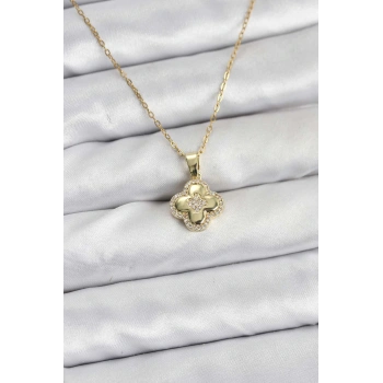 HEYF 316L Çelik Zincir Gold Renk Zirkon Taşlı Yonca Model Kadın Kolye