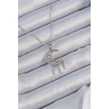 HEYF 316L Çelik Zincir Gümüş Renk İşlemeli Zirkon Taşlı Ay Kolye