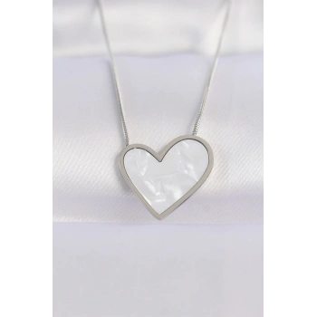 HEYF 316L Çelik Zincir Gümüş Renk Mermer Desenli Kalp Kolye