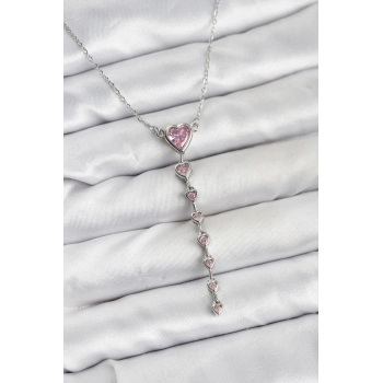 HEYF 316L Çelik Zincir Gümüş Renk Pembe Kalp Kadın Kolye