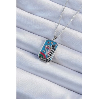 HEYF 316L Çelik Zincir Gümüş Renk Taç ve Kız Figürlü Renkli Mineli Tarot Kolye