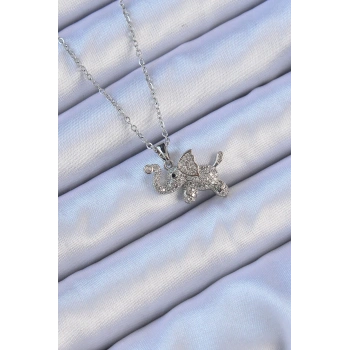 HEYF 316L Çelik Zincir Gümüş Renk Zirkon Taşlı Fil Kolye