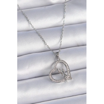 HEYF 316L Çelik Zincir Gümüş Renk Zirkon Taşlı Kalp Model Melek Detay Kadın Kolye