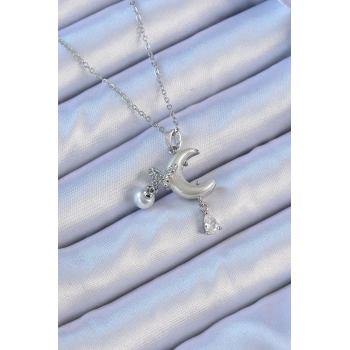 HEYF 316L Çelik Zincir Gümüş Renk Zirkon Taşlı Kelebekli Mineli Ay Kolye