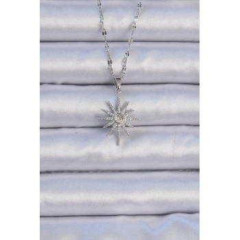 HEYF 316L Çelik Zincir Gümüş Renk Zirkon Taşlı Kutup Yıldızı Kolye