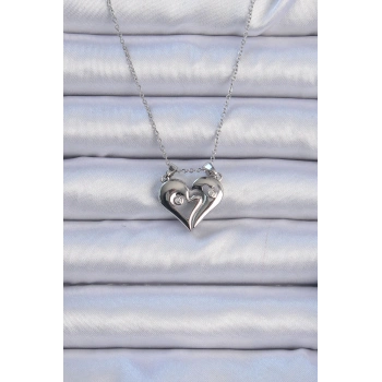 HEYF 316L Çelik Zincir Gümüş Renk Zirkon Taşlı Mıknatıslı Kalp Kolye