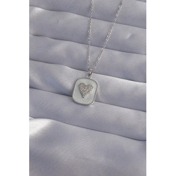 HEYF 316L Çelik Zincir Mermer Desenli Gümüş Renk Zirkon Taşlı Kalp Model Kolye