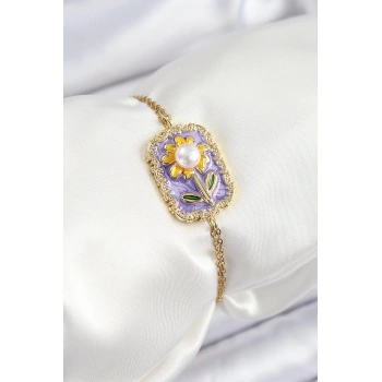 HEYF 316L Çelik Zincir Mor Mineli Sanatsal Portre İnci Detaylı Papatya Model Gold Renk Kadın Bileklik