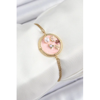 HEYF 316L Çelik Zincir Pembe Mineli Sanatsal Portre İnci Detaylı Çiçek Model Gold Renk Kadın Bileklik