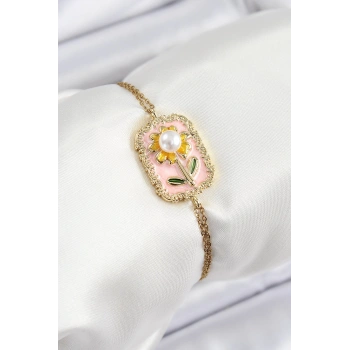 HEYF 316L Çelik Zincir Pembe Mineli Sanatsal Portre İnci Detaylı Papatya Model Gold Renk Kadın Bileklik