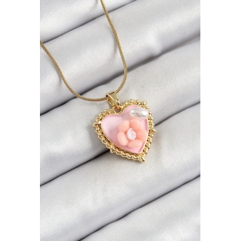 HEYF 316L Çelik Zincir Pembe Sanatsal Portre İnci Detaylı Papatya Figürlü Kalp Model Gold Renk Kadın Kolye