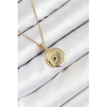 HEYF 316L Çelik Zirkon Taşlı Ay Ve Güneş Model Gold Renk Kadın Kolye