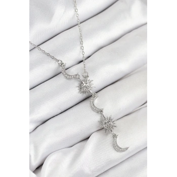 HEYF 316L Çelik Zirkon Taşlı Güneş Ve Ay Model Gümüş Renk Kadın Kolye