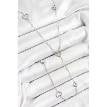 HEYF 316L Çelik Zirkon Taşlı Kalp Figürlü Y Model Gümüş Renk Kadın Kolye