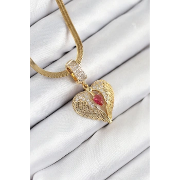 HEYF 316L Çelik Zirkon Taşlı Kanatlı Kalp Model Gold Renk Kadın Kolye