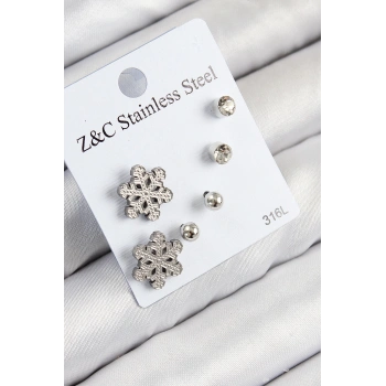 HEYF 316L Çelik Zirkon Taşlı Kar Tanesi Model Gümüş Renk Kadın Set Küpe