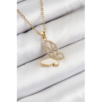 HEYF 316L Çelik Zirkon Taşlı Kelebek Model Gold Renk Kadın Kolye