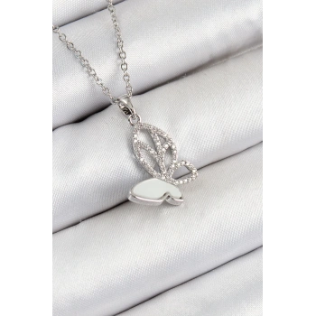 HEYF 316L Çelik Zirkon Taşlı Kelebek Model Gümüş Renk Kadın Kolye