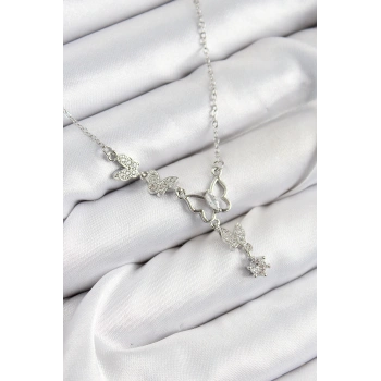 HEYF 316L Çelik Zirkon Taşlı Kelebek Model Gümüş Renk Kadın Kolye