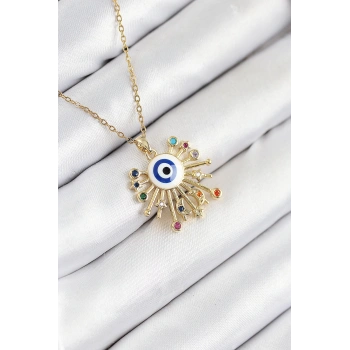 HEYF 316L Çelik Zirkon Taşlı Nazar Model Gold Renk Kadın Kolye