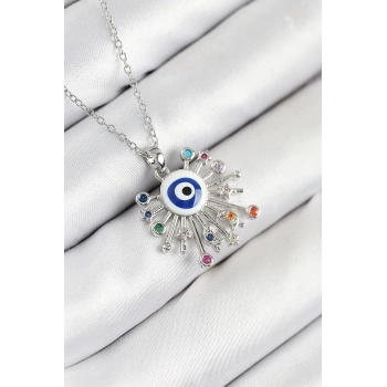 HEYF 316L Çelik Zirkon Taşlı Nazar Model Gümüş Renk Kadın Kolye